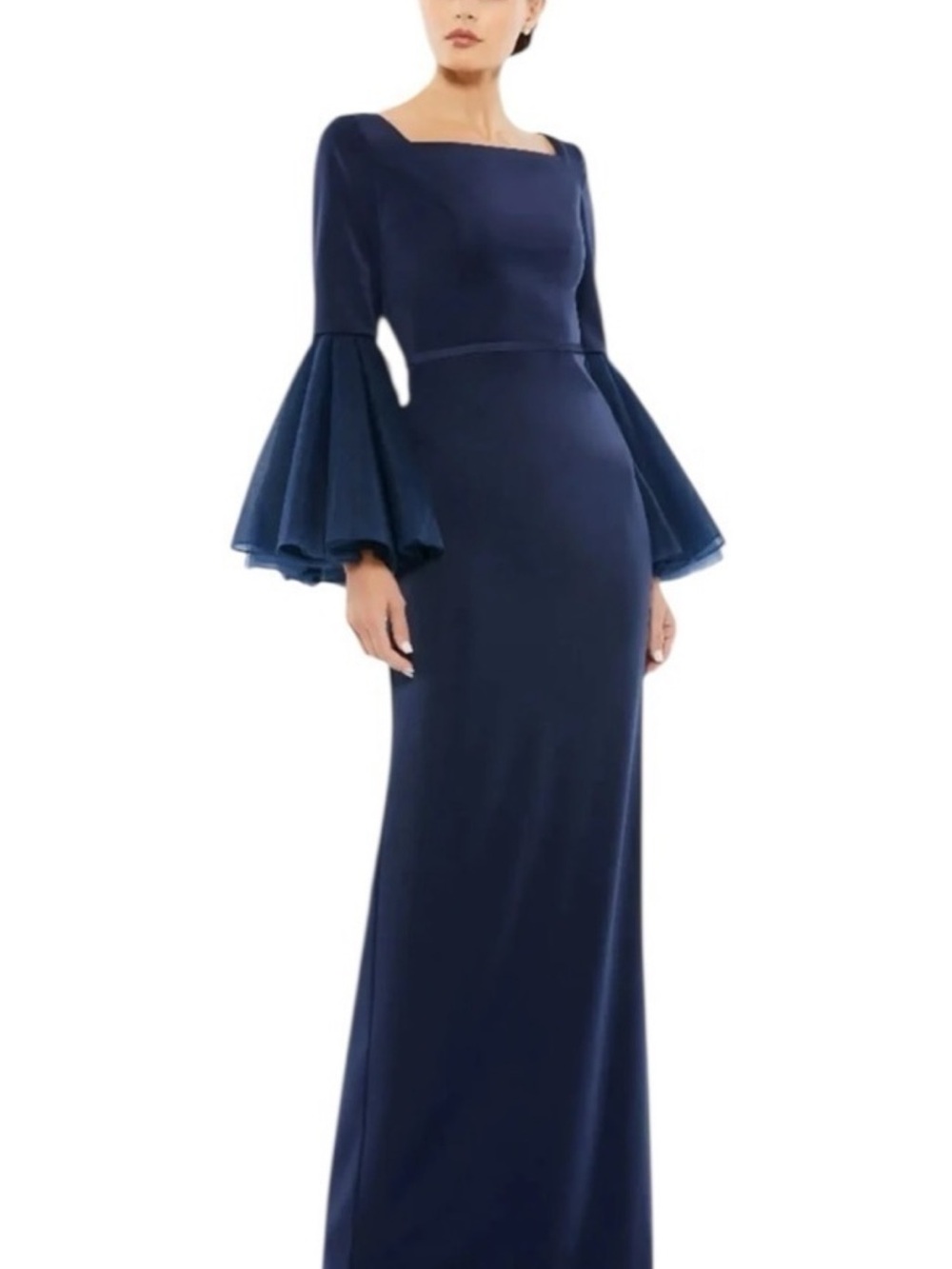 Mac Duggal Navy Long Sleeve Gown with Tiered Bell Sleeves